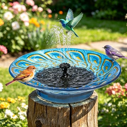 Glass Bird Bath with Solar Fountain, Blue Peacock Feather Pattern by MinWadil-EnrichYourLife