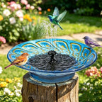 Glass Bird Bath with Solar Fountain, Blue Peacock Feather Pattern by MinWadil-EnrichYourLife