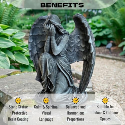 OLOMA Guardian Weeping Angel Concrete Garden Statue Kneeling Crying Cherub Sculpture Outdoor Memorial Grave Decor Religious Lawn Ornament Cemetery Headstone Tribute Art Handcrafted Spiritual Figurine - Image 3