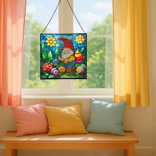 Gnome and Snail Friends Stained Glass Suncatcher – Square Hanging Window Panel for Home or Greenhouse – Whimsical Glass Art Gift for Garden Lovers, Christmas, Halloween, Father Days mID0zN - Image 5