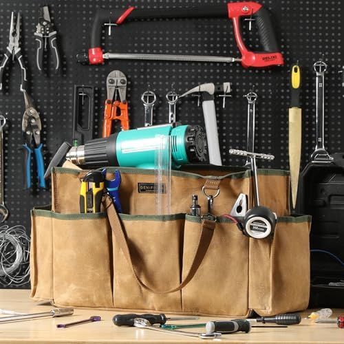 Tool Tote, Heavy Duty Waxed Canvas Wide Mouth Tool Pouch, Muti-Purpose Tool Bag with Adjustable Shoulder Strap (15 X 9.8 X 7.8 inch) | Khaki - Image 4