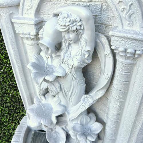 XBrand 30.3" Solar-Powered Wall Mounted Water Fountain with Maiden & Floral Detail, Tiered Waterfall Design for Garden, Yard or Courtyard, Durable Polyresin, Antique Stone - Image 4