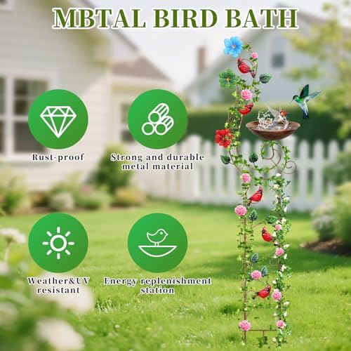 YADOOLIFE 57” Bird Bath with Garden Trellis for Climbing Plants Outdoor, Small Decorative Trellises Metal Birdbath Bird Baths, 1 Piece (Redbird) - Image 2