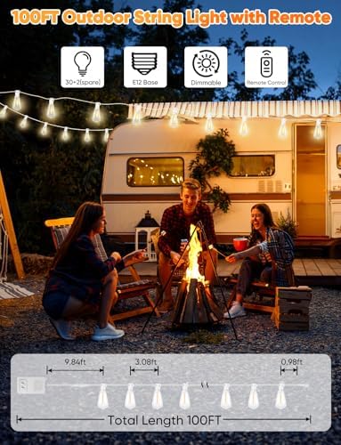 Brightever 100FT Outdoor String Lights with Remote, Dimmable LED Patio Lights with 32 ST38 Shatterproof Vintage Bulbs, 2700K Warm White 3 Modes 2 Timer Outside Light for Yard, Deck, Cafe, White - Image 5