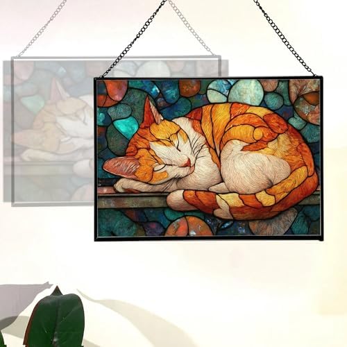 Sleeping Cat Curled in Window Light Rectangular Stained Glass Suncatcher – Hanging Window Panel with Animal & Nature Scene – Vibrant Glass Art Gift for Wildlife, Fantasy, Nature Lovers ZqhdE1 - Image 3