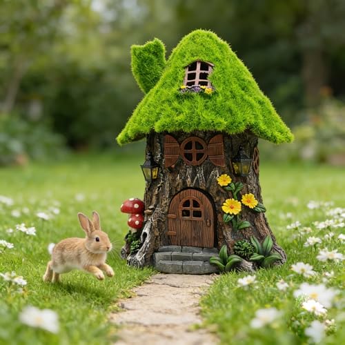 COWOS Fairy Tree House Night Light with LED - Moss Covered Resin Fairy House Miniature Garden Decor, Outdoor Waterproof Statue for Patio Yard Lawn, Gift for Garden Lovers Kids - Image 4