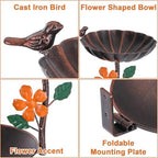 Tree Mounted Bird Bath, Wall Mount Bird Baths for Outdoors, Metal Birdbath and Feeder Combo, Antique Birdbaths Installed on Wooden Fences Trees Deck Outdoor Walls - Image 4
