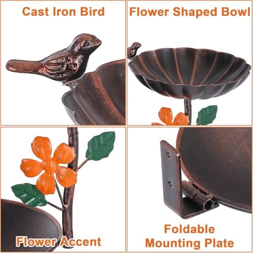 Tree Mounted Bird Bath, Wall Mount Bird Baths for Outdoors, Metal Birdbath and Feeder Combo, Antique Birdbaths Installed on Wooden Fences Trees Deck Outdoor Walls - Image 4