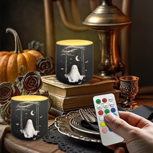 4Pcs Flameless Candles with Remote Halloween Moon Ghost Battery Operated Candles with Timer Pillar Tea Lights Bulk for Indoor Outdoor Banquet Party Home Decoration - Image 3