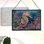 Glowing Coral Garden with Tiny Seahorse Rectangular Stained Glass Suncatcher – Hanging Window Panel with Animal & Nature Scene – Vibrant Glass Art Gift for Wildlife, Fantasy, Nature Lovers zHBtGp - Image 3