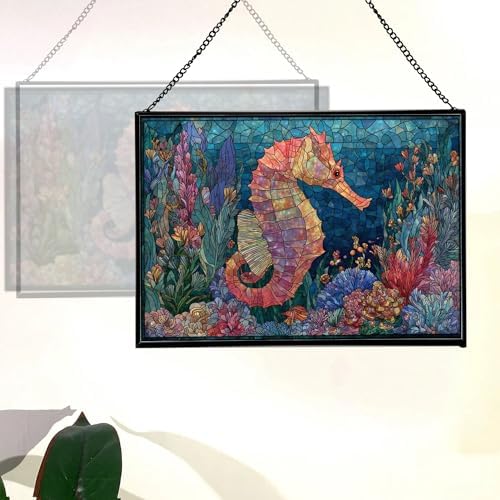 Glowing Coral Garden with Tiny Seahorse Rectangular Stained Glass Suncatcher – Hanging Window Panel with Animal & Nature Scene – Vibrant Glass Art Gift for Wildlife, Fantasy, Nature Lovers zHBtGp - Image 3