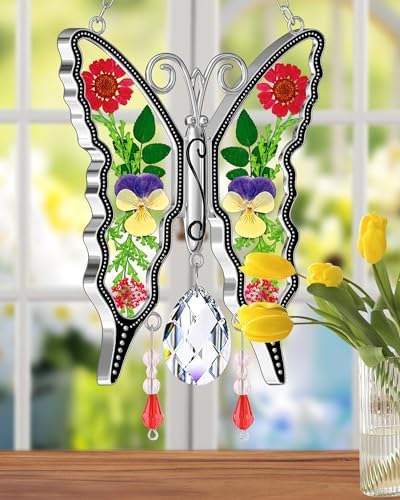 KY&BOSAM Butterfly Glass Crystal Pressed Flower Suncatchers Window Hanging - Image 2