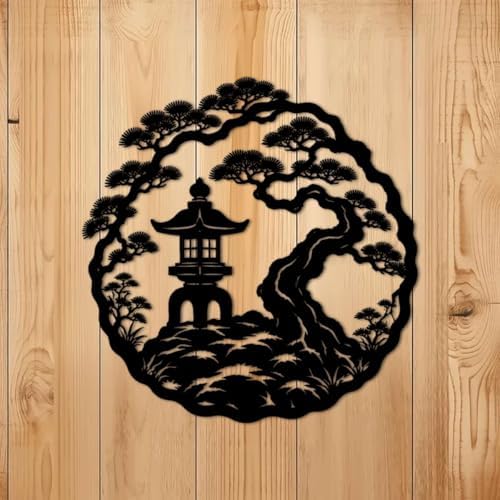 Japanese Garden Pagoda Scene Metal Wall Art Metal Outdoor Decor Metal Signs Zen Minimalist Artwork Elegant Wall Decor Home Decoration for Living Room Bedroom Patio Garden (Black,20inch) - Image 4