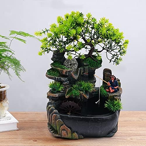 11.8" Tabletop Rockery Fountain, Tabletop Fountain Ornament W/LED Atomizer, Tabletop Rockery Water Fountain W/Old Fisherman, Indoor Water Fountain Rockery Ornament, Waterfall Fountain Table Decor - Image 5