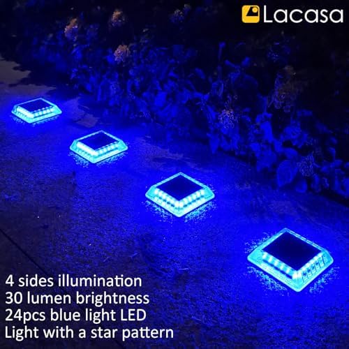 Lacasa Solar Deck Lights, 4 Pack 30LM LED Dock Lights Blue Light, Outdoor Solar Powered Step Lights Light up All Night IP68 Waterproof Auto ON/Off for Garden Stairs Driveway Pathway Lighting - Image 6
