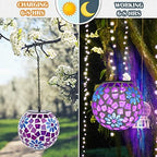 Mosaic Solar Lantern Outdoor Waterproof Glass Hanging Solar Lights, Purple - Image 3