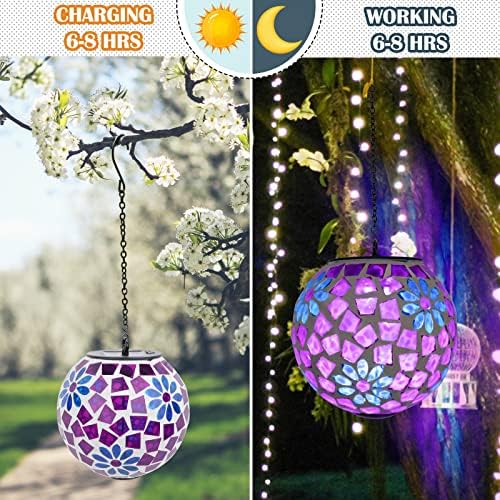 Mosaic Solar Lantern Outdoor Waterproof Glass Hanging Solar Lights, Purple - Image 3