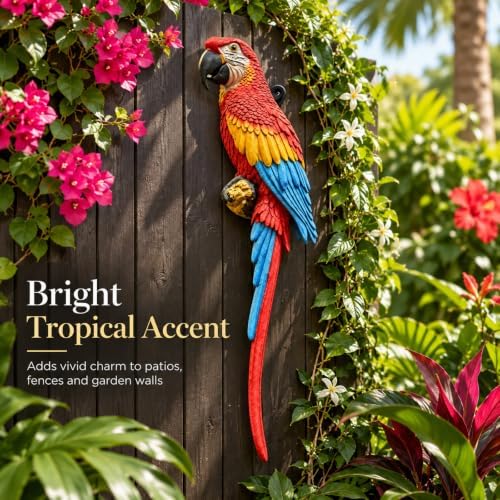 Hanging Scarlet Macaw Garden Statue, Hand Painted Resin Bird Decor - Image 4