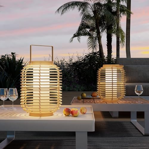 Solar Yard Outdoor Austin Solar Powered Floor Lamp Set of 4, 14-inch Wicker Woven LED Lamp, Water-Resistant Garden Light, Boho Style, Decor for Balcony, Porch, Yard, Pathway, Natural Color - Image 2