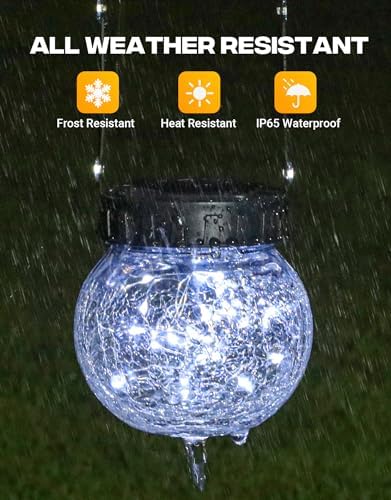 PARTPHONER Solar Lights Outdoor Waterproof 12-Pack, Solar Powered Hanging Lantern Cracked Glass Hanging Globes for Yard Decor Christmas Decoration, Shepherd Hook, Garden Tree Ornaments, Cold White - Image 6
