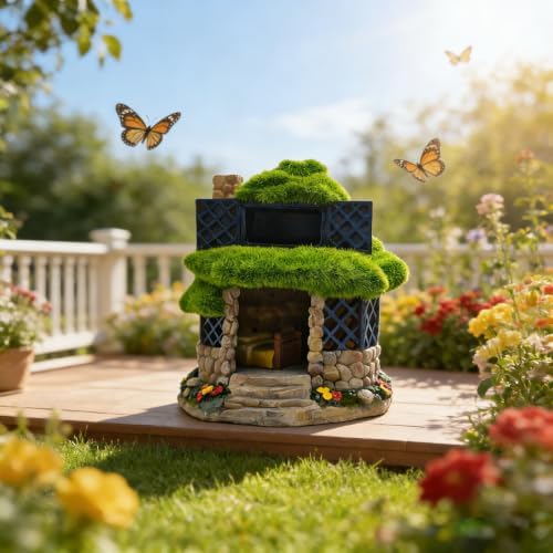 COWOS Solar Powered Fairy House Garden Statue, Resin Miniature Moss Stone Cottage with LED Lights, Outdoor Fairy Garden Figurine Ornament for Patio Yard Lawn Flower Bed Decor, Gift for Garden Lovers - Image 3