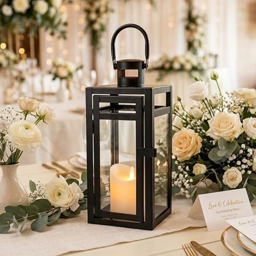 TRIROCKS Metal Candle Lantern 12'' High Decorative Outdoor Lantern Hanging Lantern with Tempered Glass for Christmas Home Decor Living Room Parties Events Tabletop Indoors Outdoors (Black Matte) - Image 3