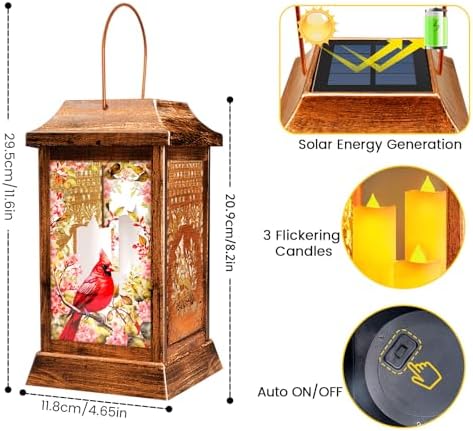 Cardinal Solar Lanterns Outdoor Hanging Lanterns, Metal Glass Garden Decor Solar Lights, Gifts for Women Mom Birthday Grandma Mothers Day, Waterproof Decorative Lantern for Outside Patio Yard - Image 3