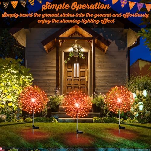 Tujoe 4 Pack Halloween Solar Decoration Outdoor Firework Lights, Orange - Image 6
