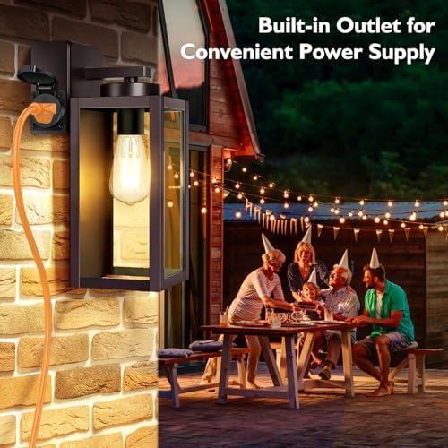 BesLowe Porch Lights with Outlet, Brown Modern Outdoor Wall Light Fixtures - Image 5