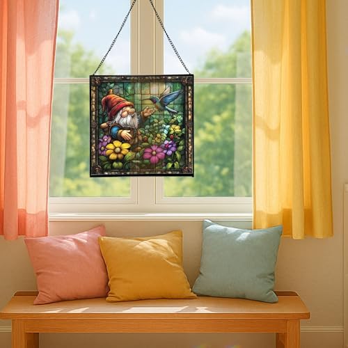Gnome and Hummingbird Stained Glass Suncatcher – Square Hanging Window Panel for Home or Greenhouse – Whimsical Glass Art Gift for Garden Lovers, Christmas, Halloween, Father Days 78NtZp - Image 5