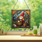 Gnome Making soap Stained Glass Suncatcher – Square Hanging Window Panel for Home, Garden, Nursery, Halloween, Christmas, Memorial Day – Whimsical Glass Art Gift for Gnome Lovers p4t1yu - Image 2