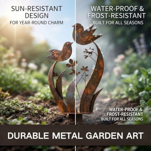 Bird & Wildflower Metal Garden Stake, Outdoor Yard Decor Art Stakes (2PCS) - Image 3
