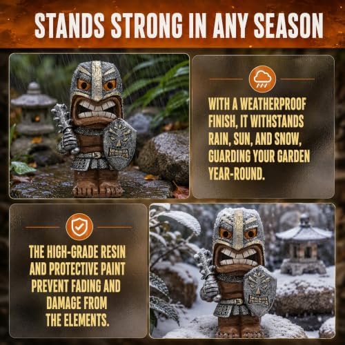10" Solar Tiki Statue, Tribal Warrior with LED Eyes, Outdoor Tiki Decor - Image 5