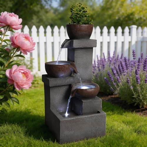Outdoor Water Fountain with LED Lights, 24" Tall 4-Tier Cascading Waterfall Fountain for Patio Garden Yard Porch Backyard, Resin Outdoor Water Feature Decor - Image 4