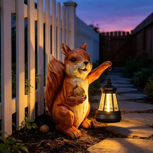 Solar Squirrel Garden Statue, Resin Solar Light Figurine Outdoor Decor by solarstatue