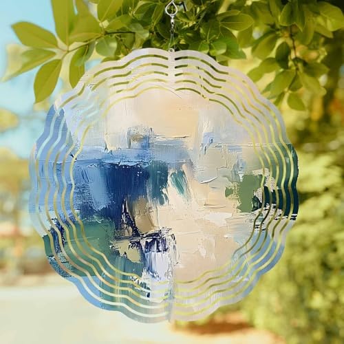 Abstract Graffiti Wind Spinners Outdoor Blue Beige Oil Painting Theme 3D Stainless Steel Wind Spinner for Yard Kinetic Sculpture Hanging Spinning Ornament for Garden Patio Porch 12 Inch - Image 6
