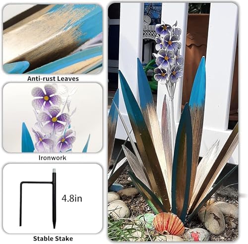 Metal Agave Plant Garden Art, 2 Pack Tequila Rustic Sculpture, Rustic Metal Agave Plants Lawn Home Ornaments, for Yard Stakes, Garden Figurines, Outdoor Patio (2 PCS Purple Flowers) - Image 3
