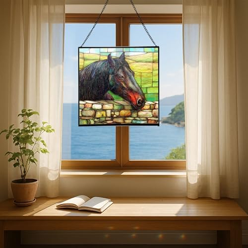 Black Morgan Horse Watching Over Stone Wall Square Suncatcher – Stained Glass Style Window Panel with Pastoral Scene, Custom Decorative Hanging Art for Equestrian Home, Christmas 9GkWE2 - Image 6