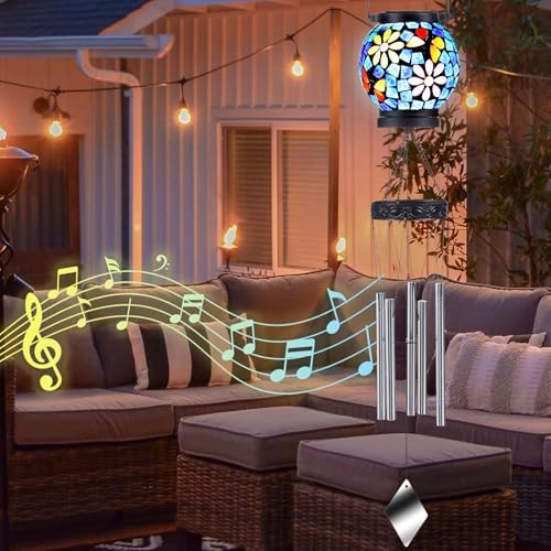 VOREEN Solar Wind Chimes with Gentle Chime Sound, Blue Mosaic Glass Lantern for Outdoor, Calming Night Glow & Relaxing Breeze Melody, Waterproof Porch Yard Garden Decor, Memorial & Sympathy Gift - Image 6