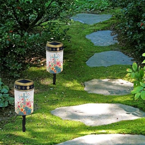 Poceacles Cross Solar Cemetery Lights Outdoor Waterproof LED Fake Candle Solar Cemetery Decorative Lights Walkway Lights Landscape Lighting for Home Outdoor Decor, Cute Flower Cross, Pack of 2 - Image 4
