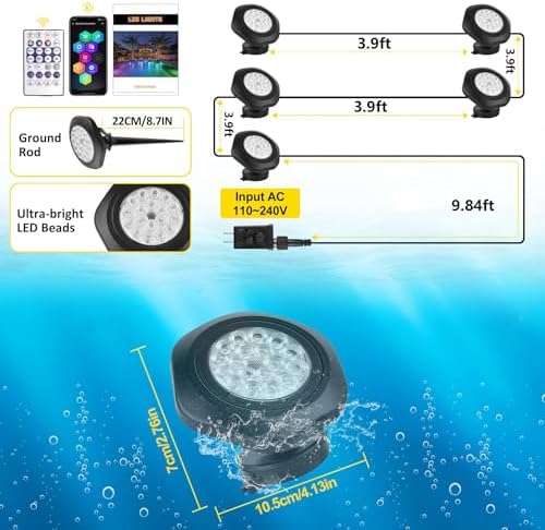 T-SUN Pond Lights LED Underwater 16M Colors with App and Remote 5 Pack - Image 2