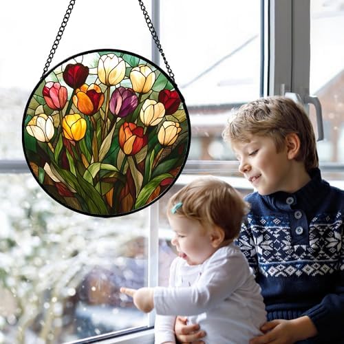 Tulip Bouquet Stained Glass Window Hanging Suncatcher Gifts for Women 12" - Image 3
