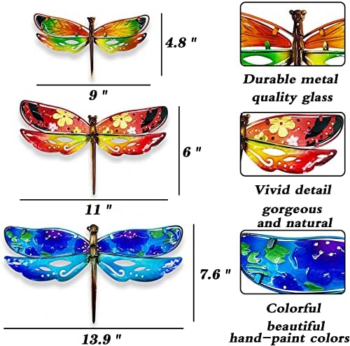 John's Studio Dragonfly Wall Decor Outdoor Metal Garden Hanging Art Glass Sculptures Home Insect Theme Decorations for Living Room, Bedroom Yard, Fence and Patio - 3 PCS - Image 2