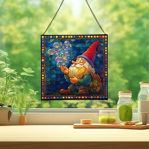 Gnome with Soap Bubbles Stained Glass Suncatcher – Square Hanging Window Panel for Home or Greenhouse – Whimsical Glass Art Gift for Garden Lovers, Christmas, Halloween, Father Days urBatW - Image 2