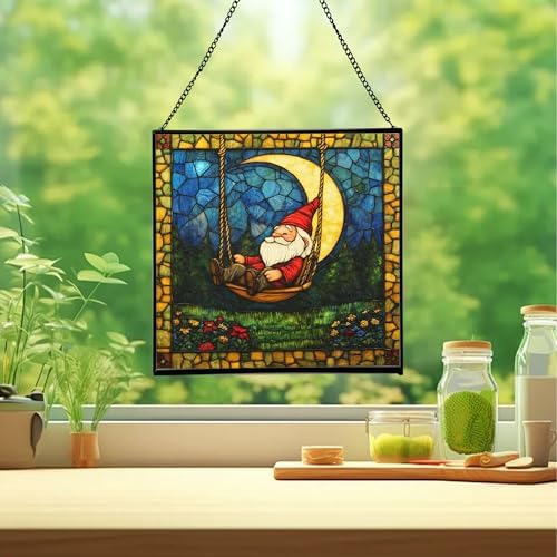 Moon Swinging Gnome Stained Glass Suncatcher – Square Hanging Window Panel for Home or Greenhouse – Whimsical Glass Art Gift for Garden Lovers, Christmas, Halloween, Father Days npNIdd - Image 2