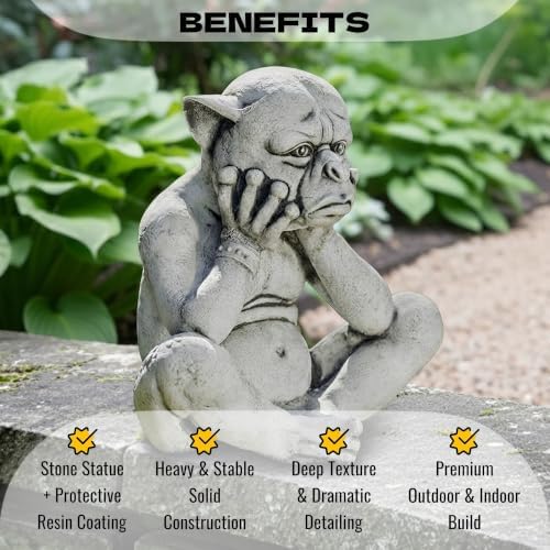 OLOMA Sitting Sad Gargoyle Concrete Garden Statue Gothic Outdoor Sculpture Meditating Beast Figurine Handmade Decor Mythical Creature Lawn Patio Yard Ornament Fantasy Garden Art - Image 2