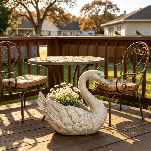 12.6" Swan Planter Statue Resin Weatherproof Outdoor, White - Image 7