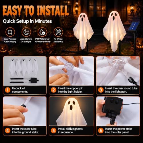 6 Pack Halloween Ghost Solar Lights, Ghost Pathway Lights with Stakes - Image 3