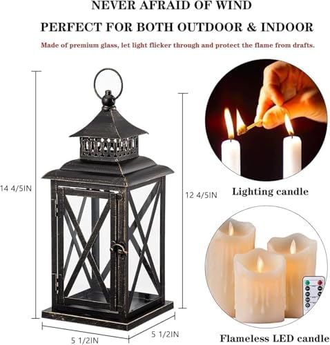 Lantern Decorative Indoor & Outdoor, 2 Pack Large Hanging Candle Lanterns Home Decor, Vintage Metal Candle Holders for Front Porch Patio Wedding Party, Halloween Christmas Decorations (Black) - Image 3