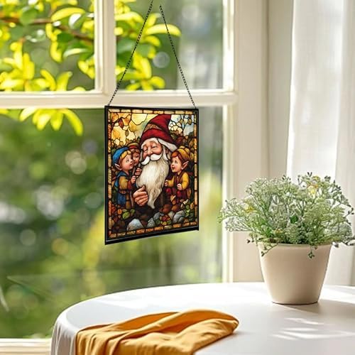Gnome with Wisdom Sharing Stained Glass Suncatcher – Square Hanging Window Panel for Home, Garden, Nursery, Halloween, Christmas, Memorial Day – Whimsical Glass Art Gift for Gnome Lovers 8w975r - Image 3